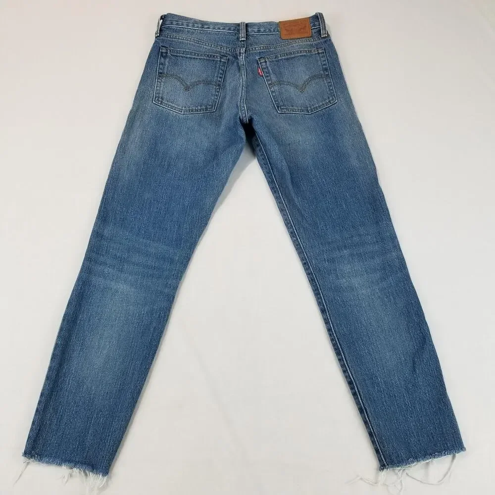 Levis 501 Jeans Womens 28x28 Blue White Oak Cone Denim Raw Hem Straight